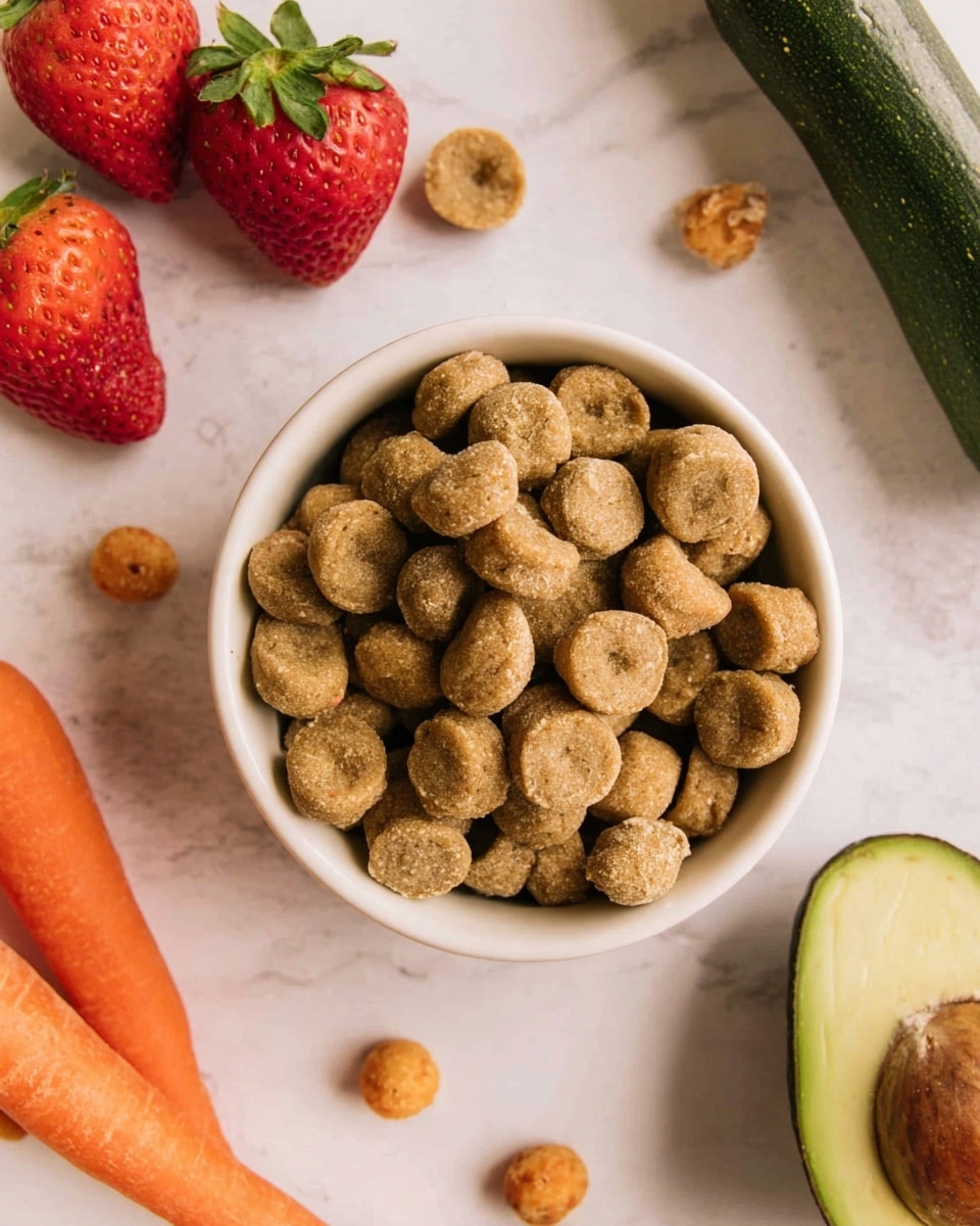 A white bowl filled with many small, round, light brown bite-sized snacks that look slightly rough in texture. Around the bowl on a white marbled surface are whole fresh strawberries with green leaves, a bright orange carrot, a dark green zucchini, and half an avocado showing its green inside and brown pit. A few small snacks are scattered near the bowl. The colors are warm and natural, with a fresh and healthy feel. Photo taken with an iphone --ar 4:5 --v 7