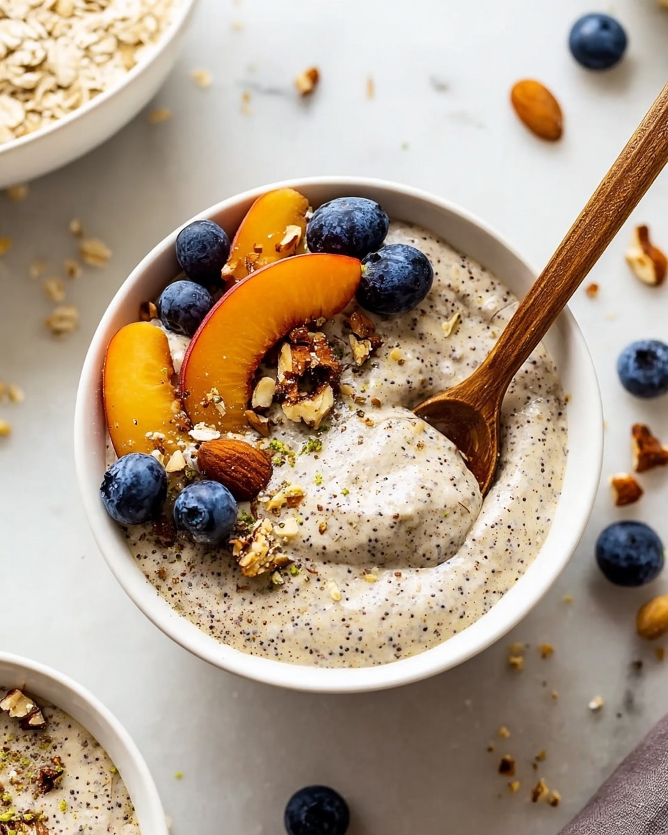 A white bowl filled with a thick, creamy beige mixture with visible small black and brown specks throughout, topped on one side with three whole fresh blueberries, three orange peach slices, and a few chopped nuts. A wooden spoon rests inside the bowl, dipping into the mixture, showing its smooth texture. The bowl sits on a white marbled surface scattered with loose blueberries and nut pieces, with parts of other bowls partially visible at the edges, one filled with a similar beige speckled mixture and another with flaxseeds. photo taken with an iphone --ar 4:5 --v 7