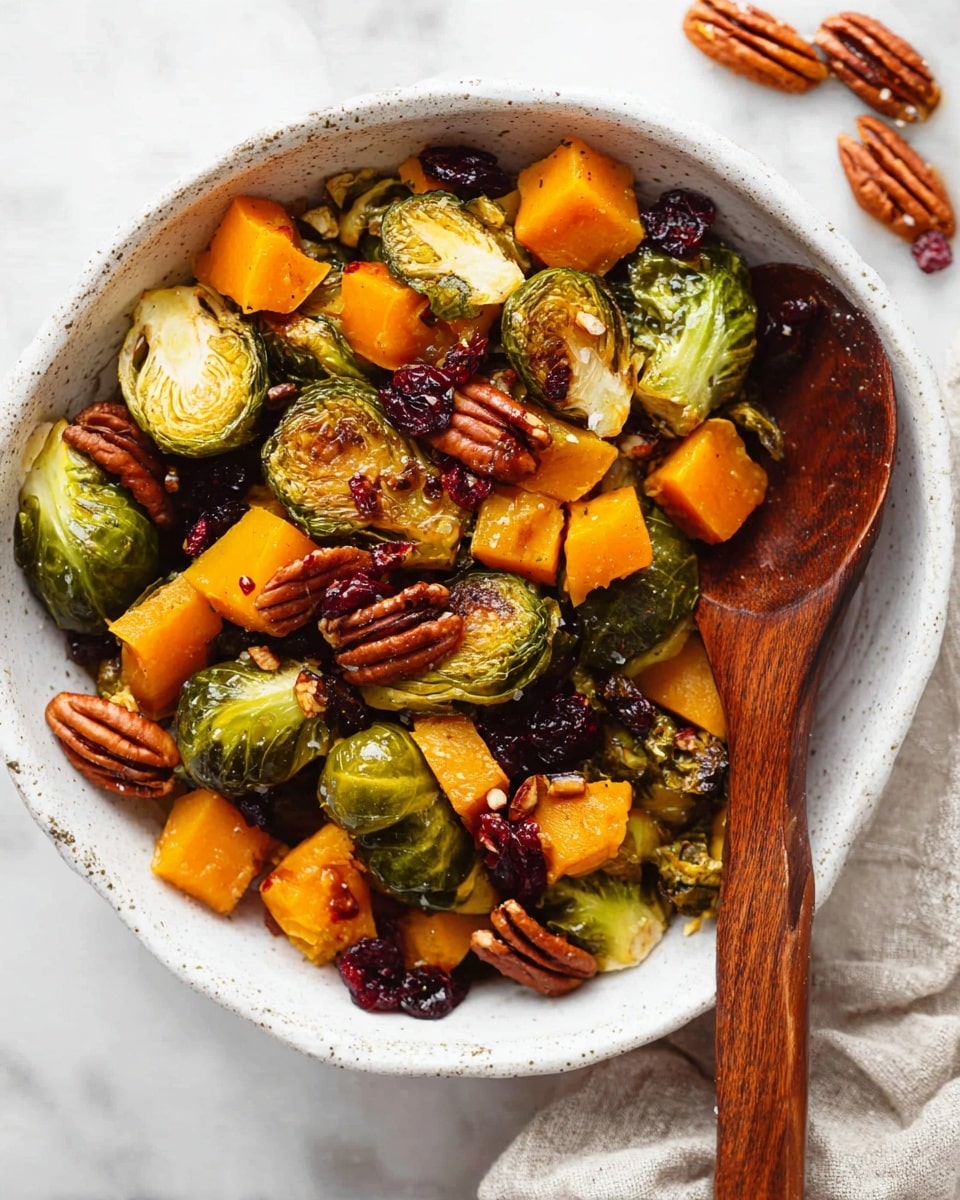 A white speckled ceramic bowl filled with roasted Brussels sprouts, showing charred green outer leaves and tender pale yellow centers. Bright orange chunks of butternut squash are mixed throughout, adding a soft texture and vivid color. Glossy brown pecan halves are scattered on top, giving a crunchy layer, alongside small dark red dried cranberries that add pops of color. A wooden spoon rests inside the bowl, ready for serving. The dish is placed on a white marbled surface with some pecans and cranberries nearby for decoration. Photo taken with an iphone --ar 4:5 --v 7