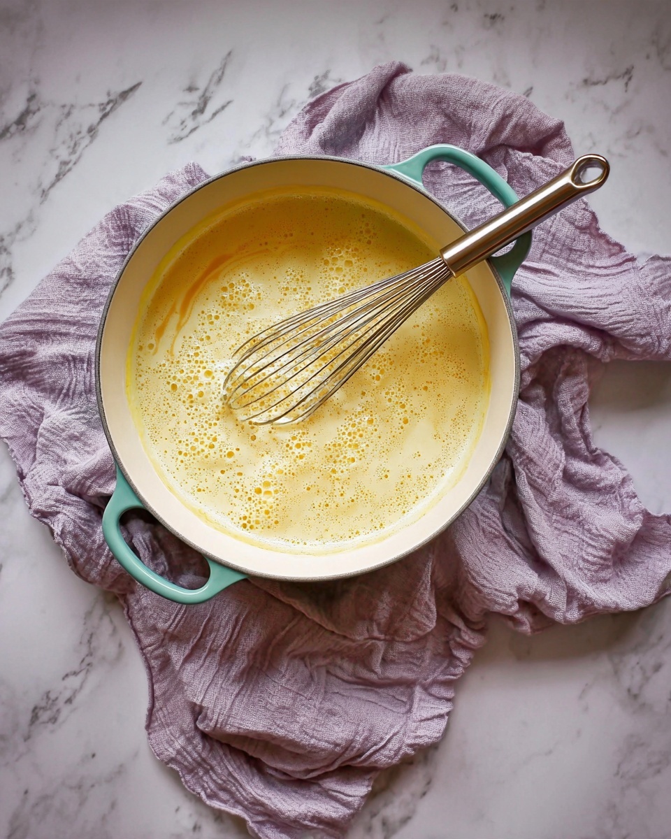 A large white pot with teal handles filled with a bubbly, light yellow creamy liquid, swirled gently with a silver whisk resting inside, all placed on a soft wrinkled light purple cloth on a white marbled surface photo taken with an iphone --ar 4:5 --v 7