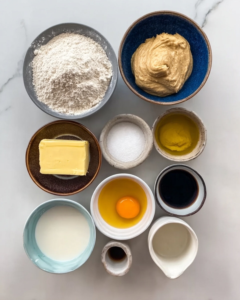 The image shows eight small bowls arranged on a white marbled surface, each holding a different ingredient. In the top left, there is a gray bowl full of white flour. Next to it on the right, a blue bowl contains a thick beige mixture. Below the flour, there is a blue bowl with golden liquid, likely oil. In the middle, a brown bowl holds a pat of yellow butter. To the right of the butter, a small white bowl has a white powder, probably salt. Below the oil, a light blue bowl contains a creamy white liquid, possibly milk. To its right, a small white bowl holds a bright orange egg yolk, and next to it, a small dark blue bowl has light brown sugar. At the bottom right, a white cup holds a dark brown liquid, maybe vanilla extract. photo taken with an iphone --ar 4:5 --v 7