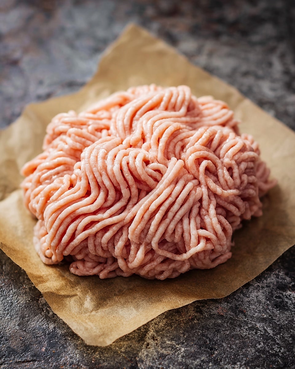A mound of raw ground meat shaped in soft, loose coils sits on a light brown piece of paper. The meat is pale pink with a smooth, slightly shiny texture that shows its freshness. The paper is placed against a dark, rough stone-like surface, showing contrast with the soft look of the meat. The meat layers are thick and tightly packed in a round, flower-like pattern made by the curved strands. The details of the meat's strands and their soft curves are clearly visible. photo taken with an iphone --ar 4:5 --v 7