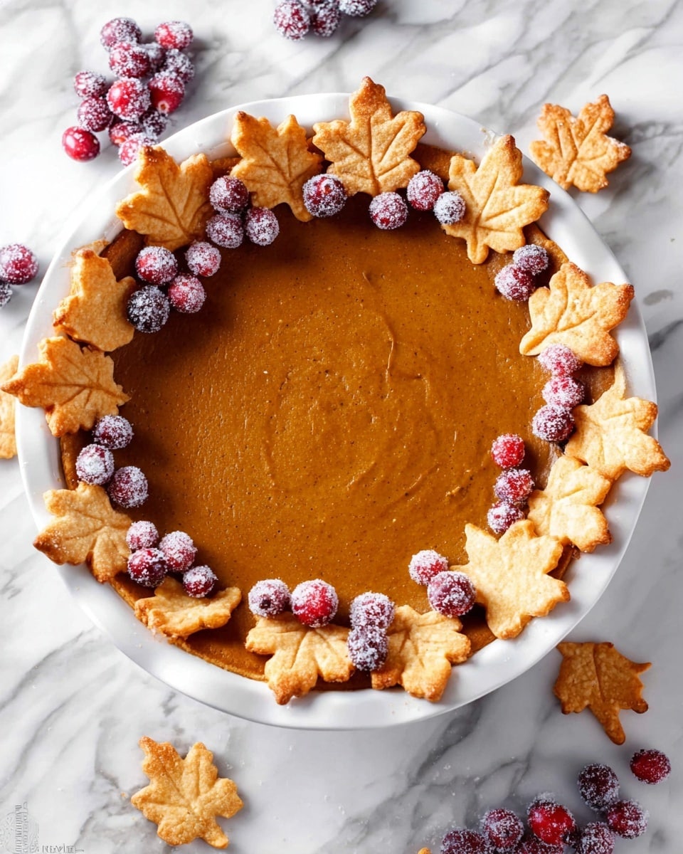 A pumpkin pie with a smooth, light brown filling fills a white pie dish. The crust edges are golden and slightly raised, with multiple golden-brown leaf-shaped pastry cutouts carefully placed around the pie's edge, some overlapping the crust. Small clusters of bright red cranberries dusted with white sugar are scattered both on top of the pie and on the white marbled surface around it. The white marbled background adds a clean, elegant touch to the composition. photo taken with an iphone --ar 4:5 --v 7