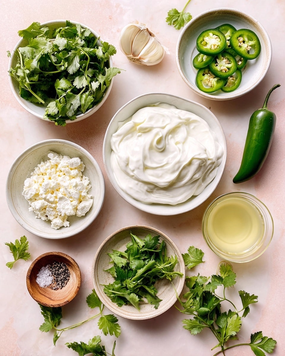 The image shows seven white bowls and one small glass, all placed on a white marbled surface with a light pink tone. The largest bowl in the center holds a generous amount of smooth, white creamy yogurt with soft swirls. To the left, a bowl contains fresh green cilantro leaves, and below it, another bowl has white crumbly cheese. Above the cilantro, a small bowl holds three peeled garlic cloves. To the right of the garlic, a bowl contains slices of bright green jalapeño peppers, finely cut with visible seeds. A whole jalapeño is placed near this bowl. Below the jalapeño slices, there is a small glass filled with light yellow liquid, likely lemon juice. Below the glass, another bowl is filled with fresh green parsley leaves scattered loosely. At the bottom left, a small wooden bowl holds coarse salt and black pepper. A few loose parsley and cilantro leaves are also scattered around the bowls. Photo taken with an iphone --ar 4:5 --v 7
