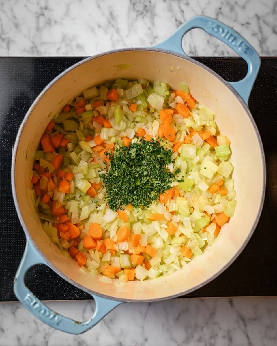 Inside a light blue pot with two handles, there is a mix of small diced vegetables mostly made up of pale yellow onions, light green celery, and bright orange carrots. The vegetables are soft, glossy, and spread evenly across the base of the pot. In the center of this mix, there is a small pile of fresh green herbs, finely chopped. The pot sits on a flat black cooking surface, framed by a white marbled background. photo taken with an iphone --ar 4:5 --v 7