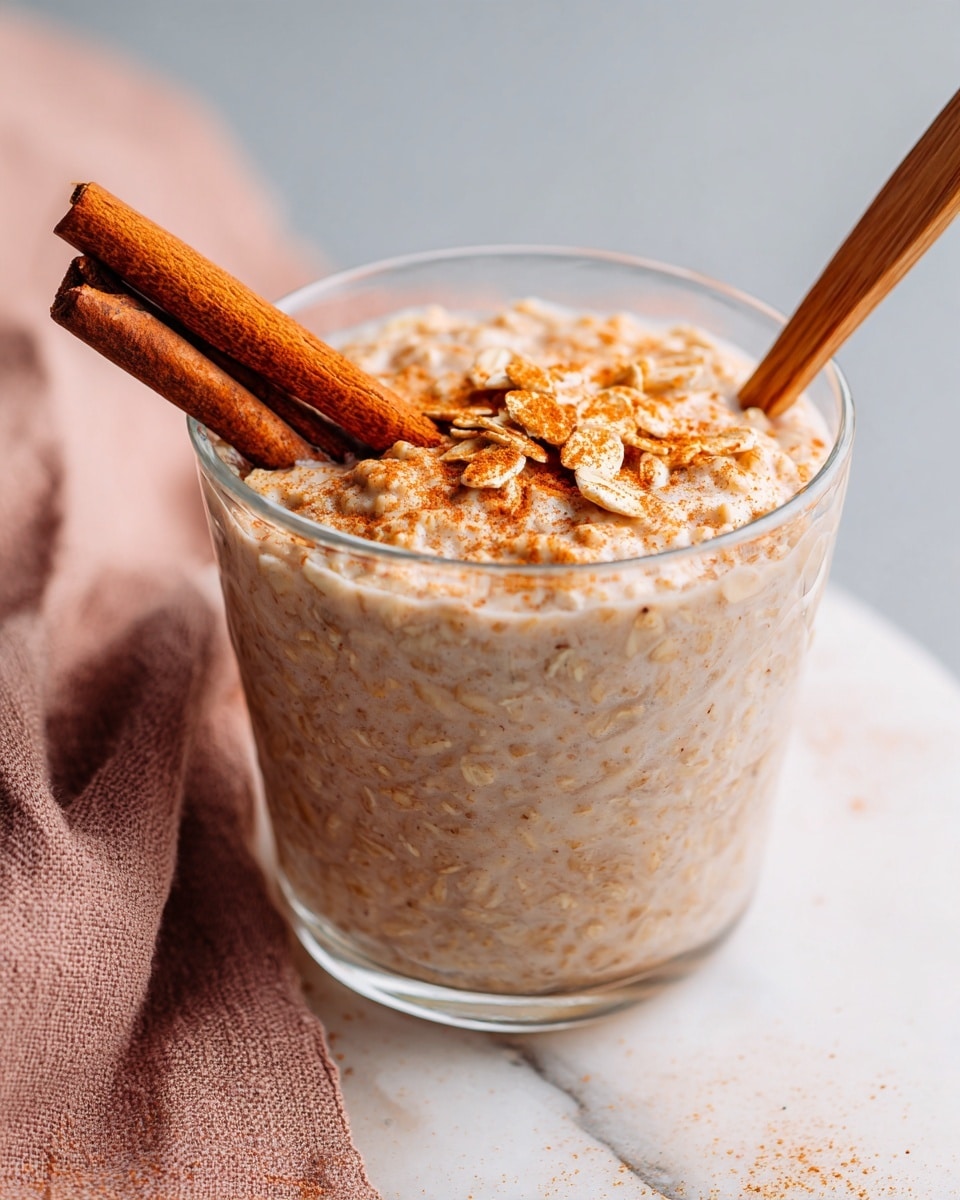 A clear glass filled with thick, creamy oatmeal that has a light beige color with small oat pieces visible, sprinkled with fine brown cinnamon powder over the top; two whole cinnamon sticks rest diagonally on the oatmeal surface; a wooden spoon is partially inserted into the oatmeal on the right side; the glass stands on a white marbled surface with a soft pink cloth nearby; photo taken with an iphone --ar 4:5 --v 7