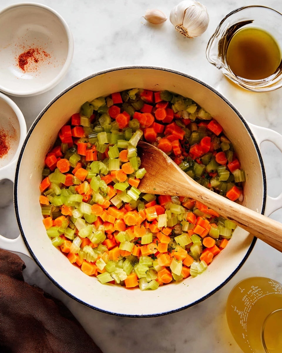 A white pot sits on a white marbled surface, filled with two layers of diced cooked vegetables: bright orange carrots and light and dark green celery pieces. A light wooden spoon is placed inside the pot, resting on top of the vegetables. Around the pot, there are three small white bowls, one with red chili flakes, one with a greenish-yellow spice residue, and part of a garlic clove is visible. A glass measuring jug containing a dark yellow liquid peeks in from the right side. A brown cloth is partly visible at the bottom left corner. photo taken with an iphone --ar 4:5 --v 7