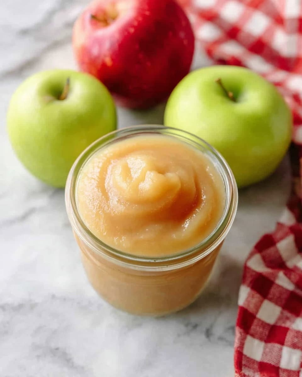 A small clear glass jar filled with smooth, light beige applesauce, with a soft swirl on top, sitting on a white marbled surface. Around the jar, there are three whole apples: two green and one red, all shiny and fresh. A red and white checkered cloth is partially visible in the upper right corner. Photo taken with an iphone --ar 4:5 --v 7
